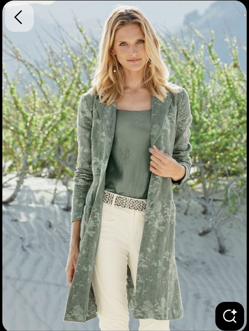 Peruvian Connection Colby Linen Duster Jacket Mid Length Olive Floral Stampprint